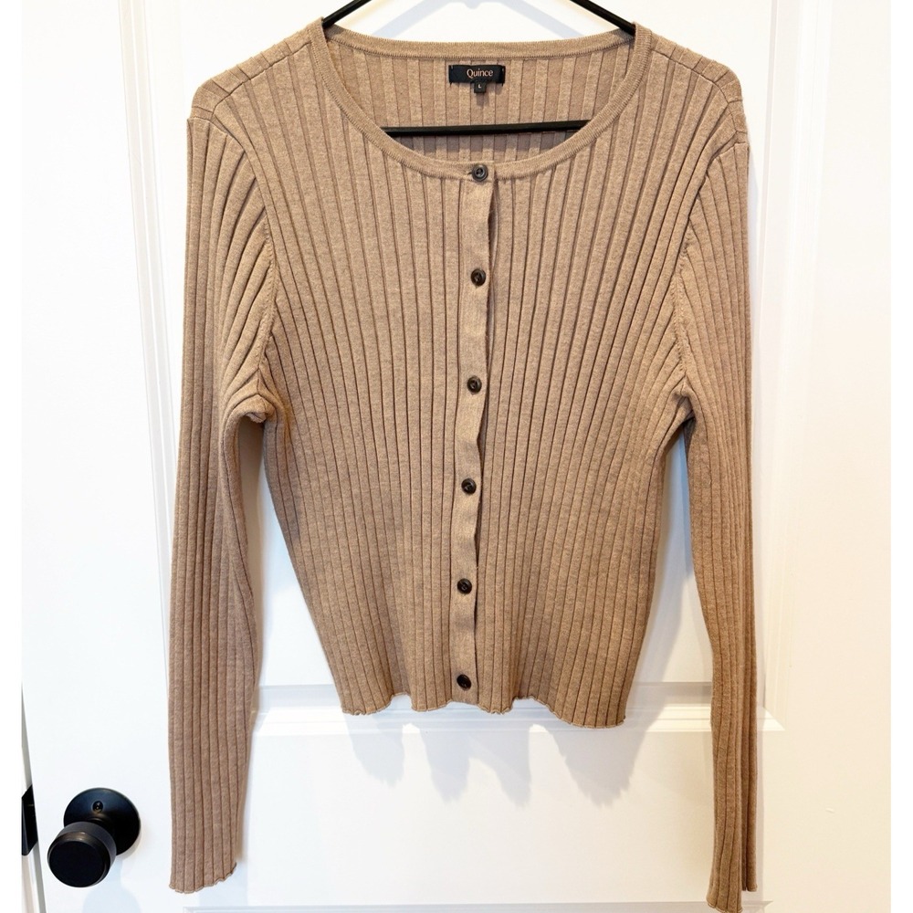 Quince Womens Eco-Knit Cropped Ribbed Cardigan Large Minimalist Quiet Luxury Tan